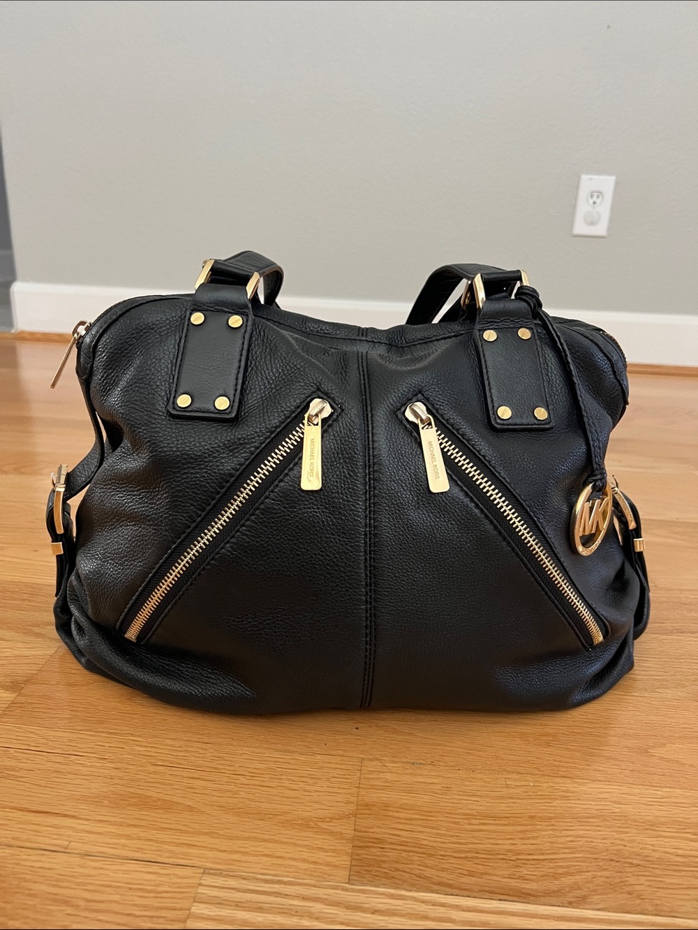 Michael Kors Black Leather Shoulder Satchel with Gold Accents